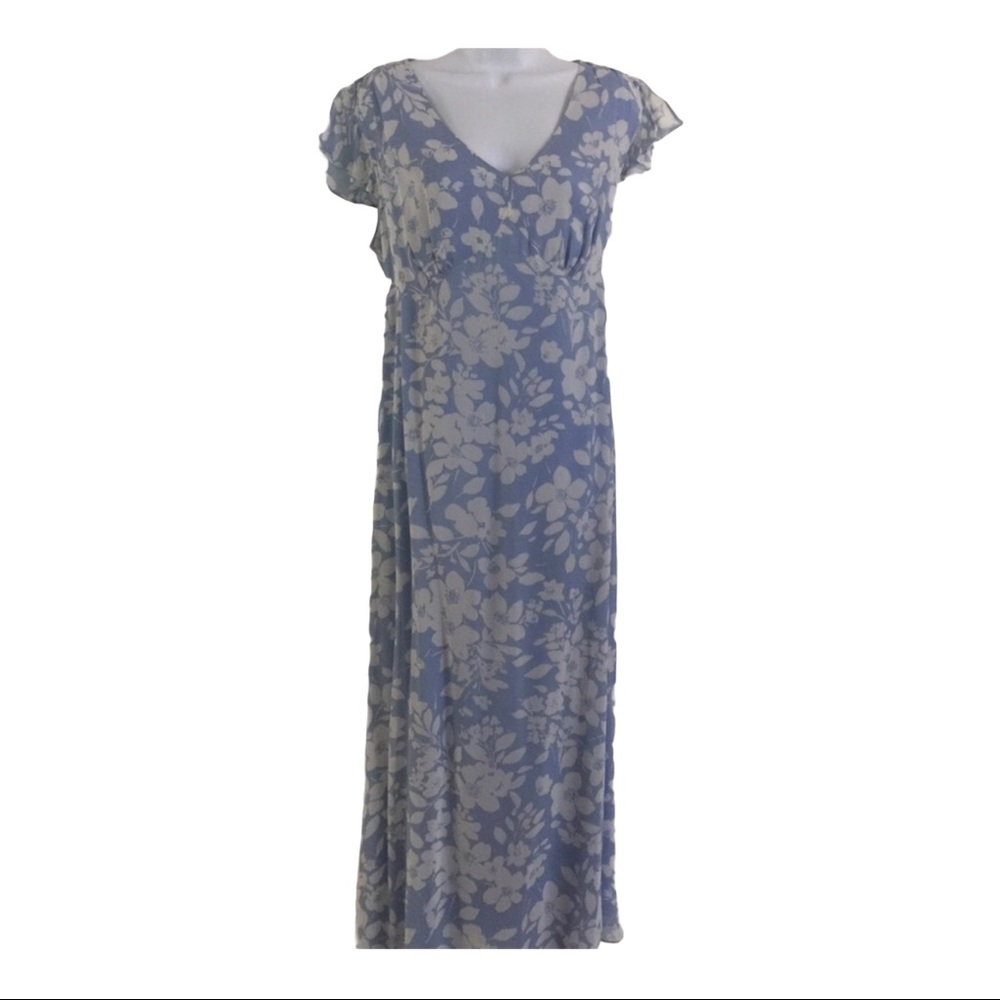 Vintage Motherhood maternity dress (stains)‎ blue floral tie back